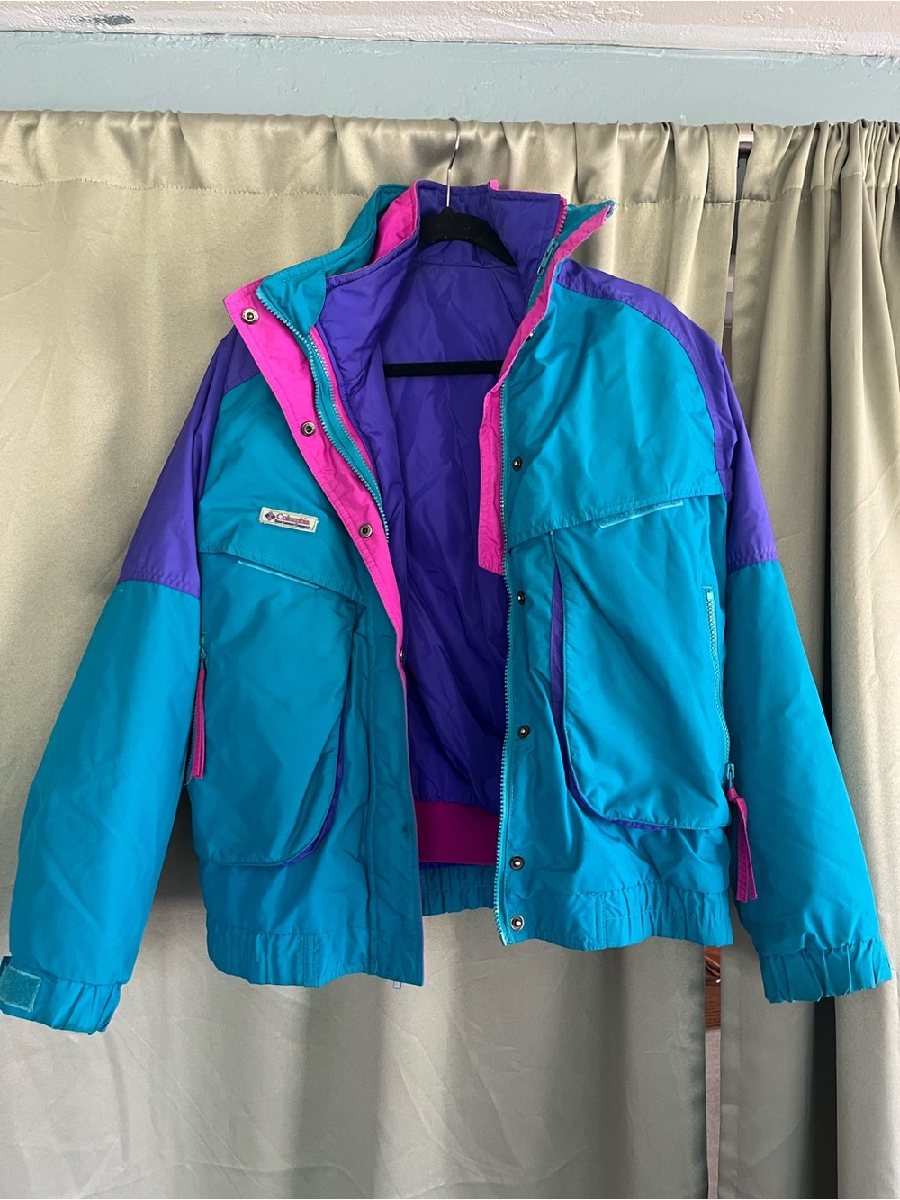 Vintage Columbia Powder Keg Teal, Purple & Pink Colorblock Insulated Jacket